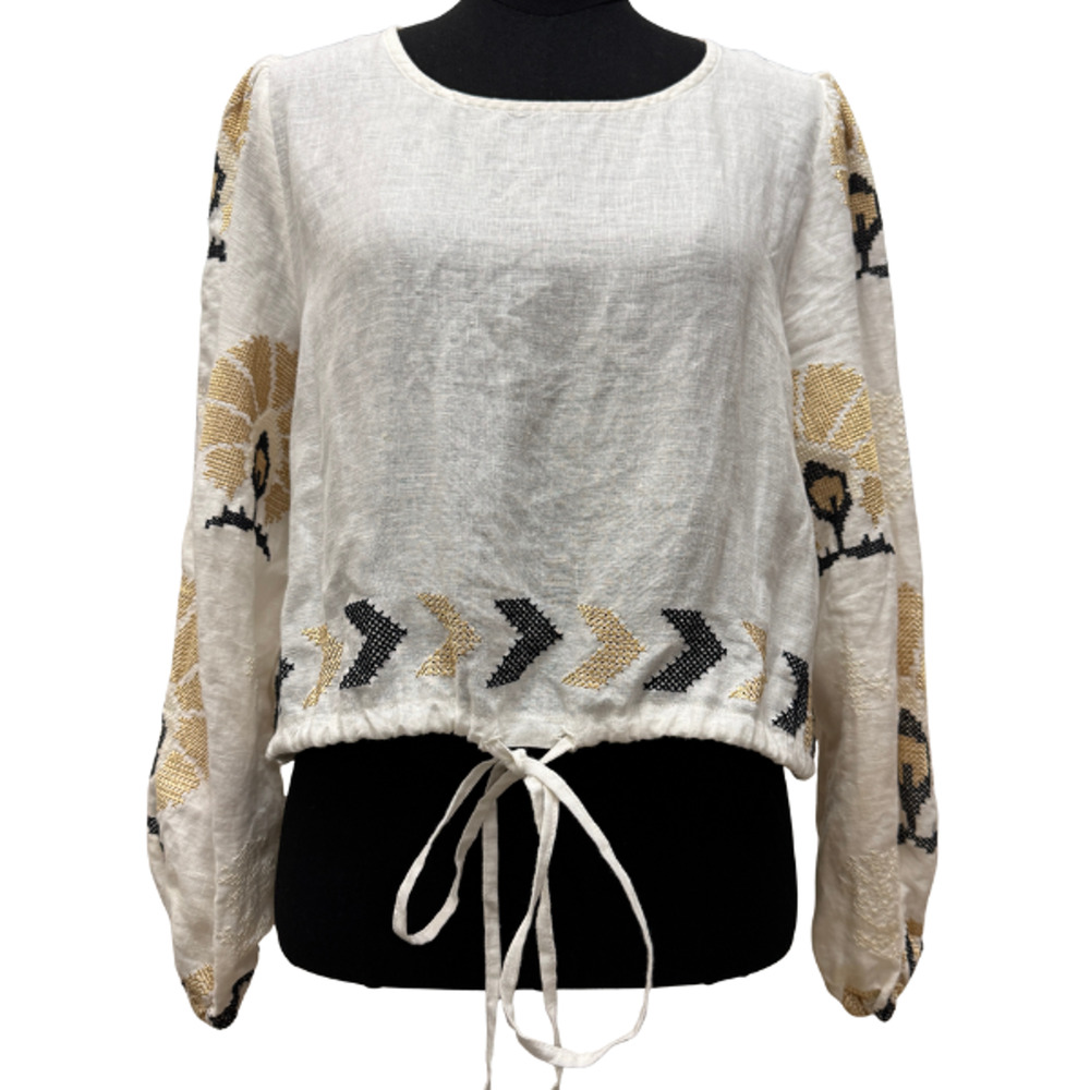 Greek Archaic Kori White Embroidered Linen Long Sleeve Crop Top Blouse Small